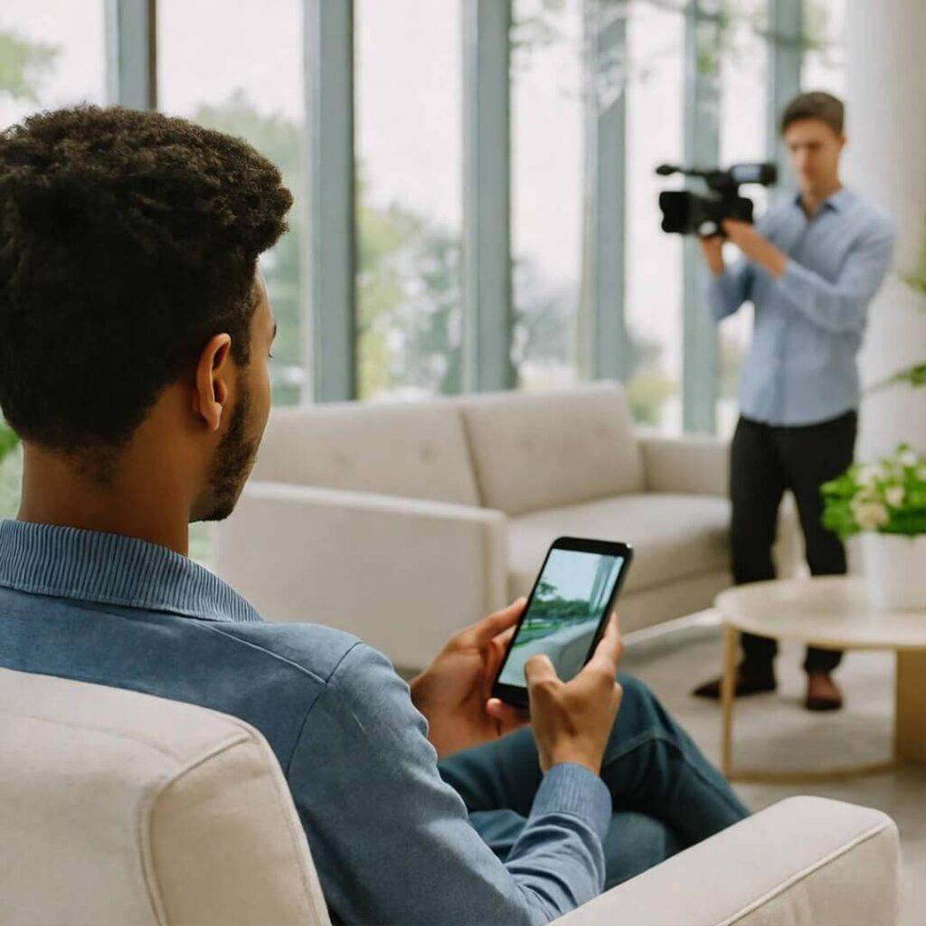 Blurry vlogger filming in bright hotel lobby, half-asleep scrolling phone.