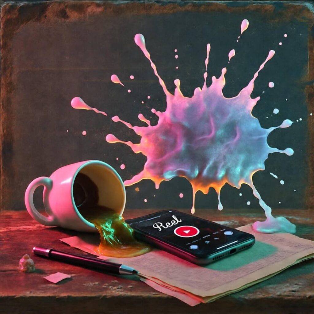 Chaotic vintage desk with spilled coffee, wax, and phone playing Reel, neon glow.