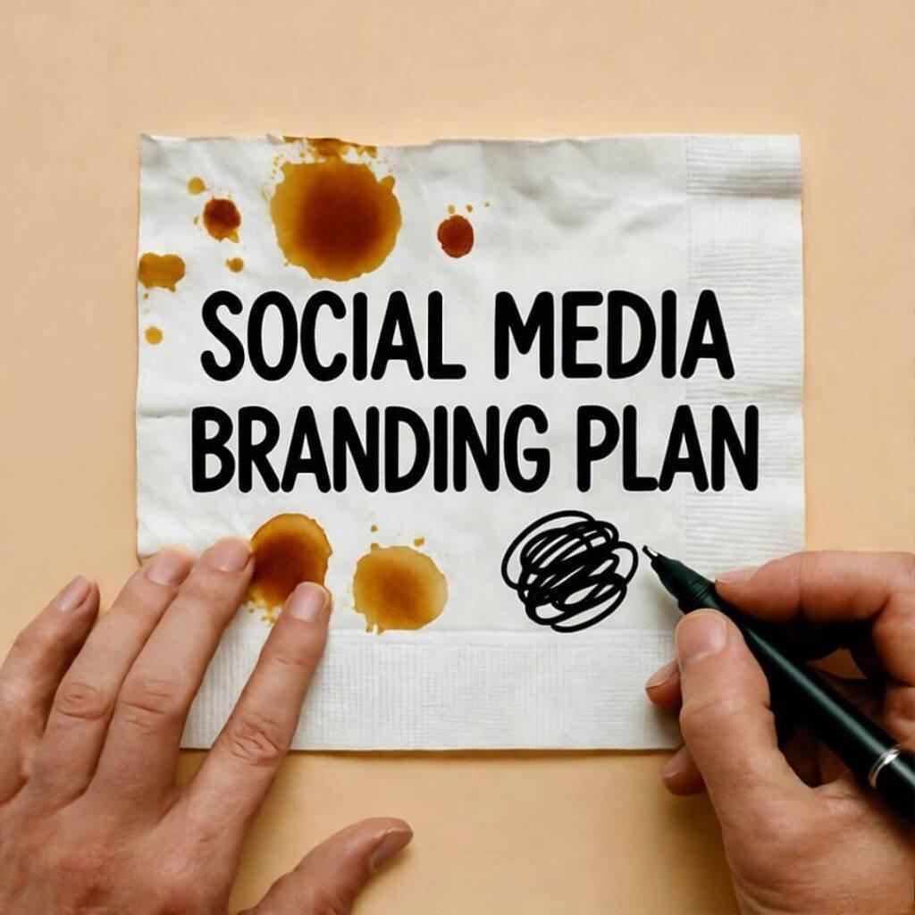 Hands write "SOCIAL MEDIA BRANDING PLAN" on a coffee-stained napkin.
