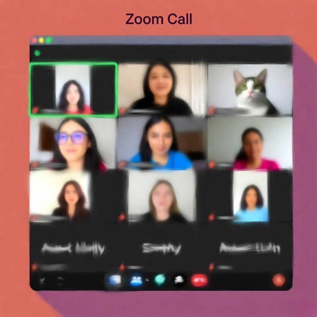 Blurred influencer Zoom call, energetic vibe, cat jumps in, coral and violet tones.