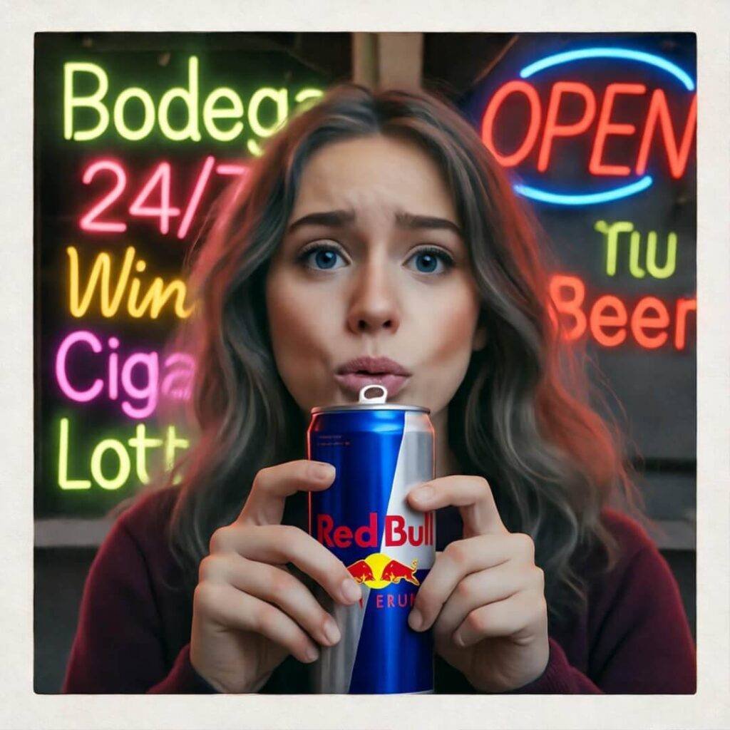 Blurry bodega selfie, "whoops" face, Red Bull, neon signs, lime green, hot pink.