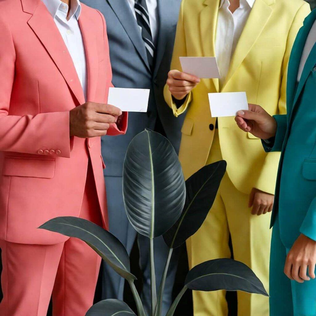 Retro networking event, people in bright suits swap cards behind potted plant.