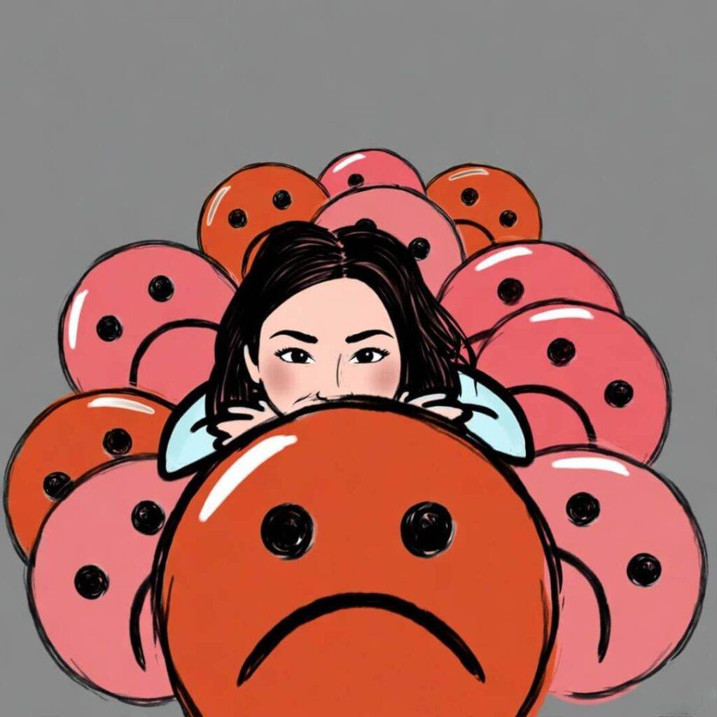 Whimsical sketch: cartoon face-plant into sad emoji DMs, tilted fish-eye in zesty pink-orange.