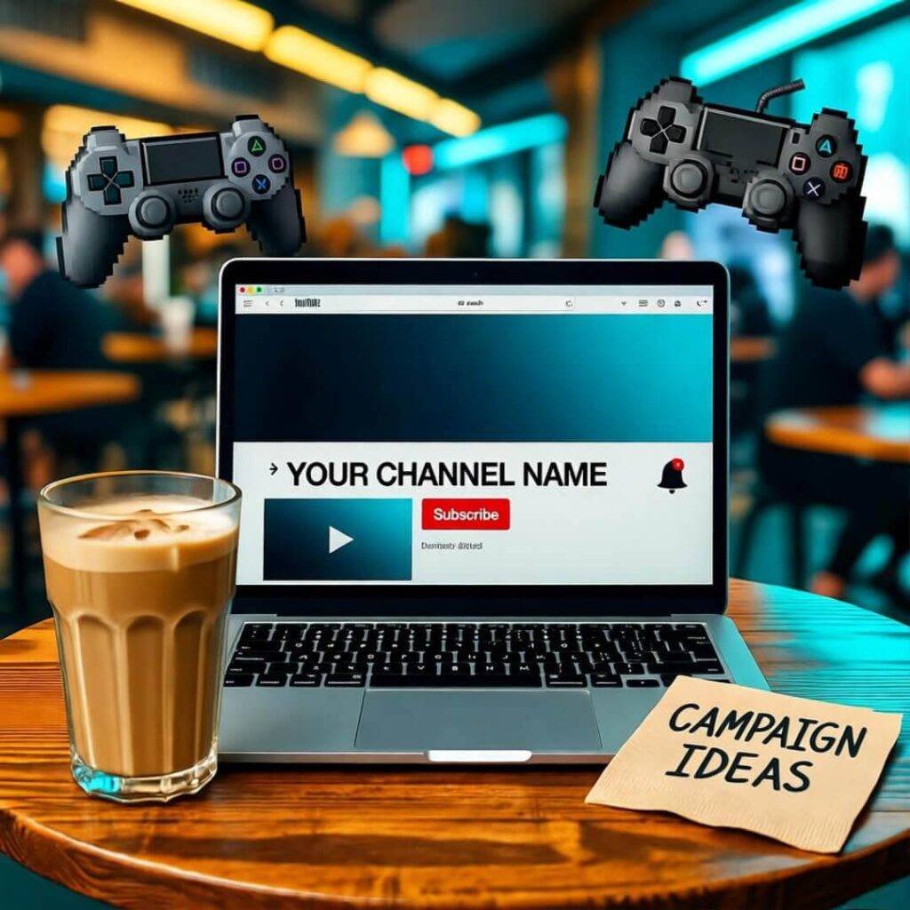 Busy coffee shop with YouTube channel, drippy latte, napkin with campaign ideas, neon vibe.