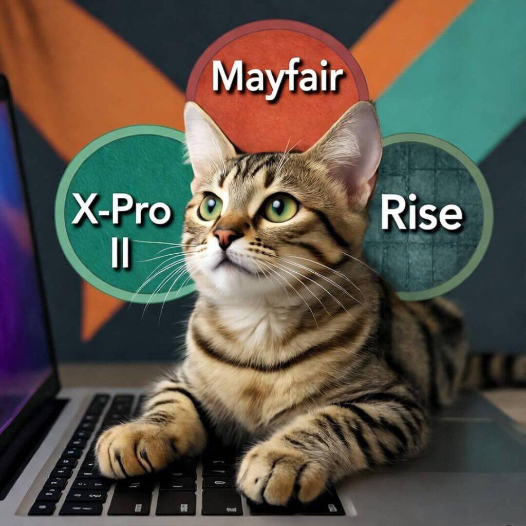 Cat influencer posing on laptop with Insta filter halos, spied from under couch.