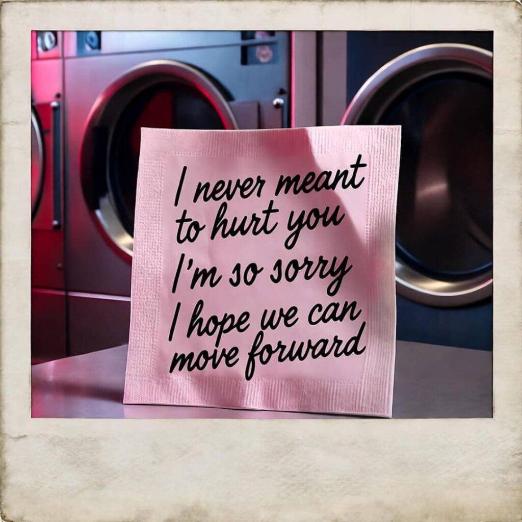 Crumpled napkin with notes on laundromat table, rattling dryer, vintage Polaroid vibe.