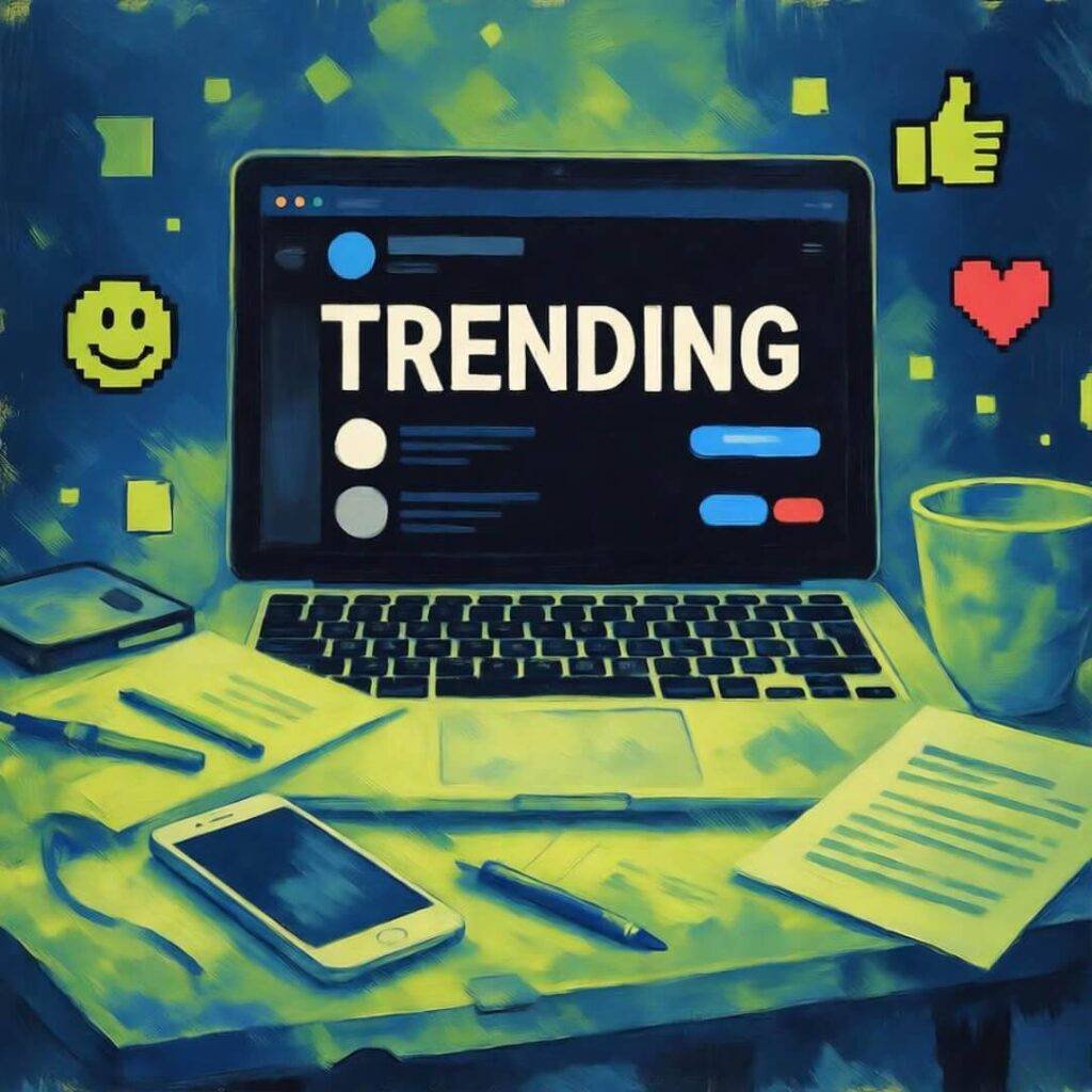 Messy desk with laptop on Twitter trends, bouncing pixel emojis, lime and indigo.