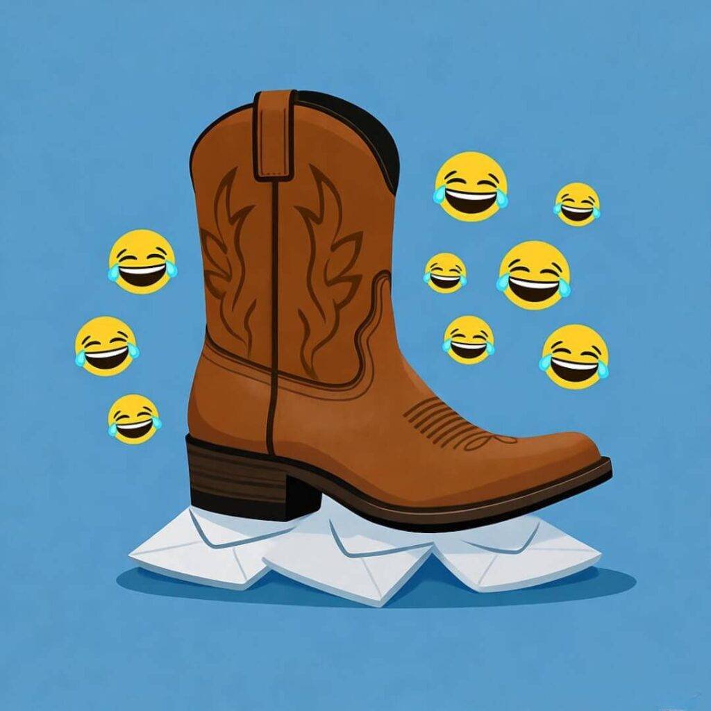 Cowboy boot crushes bad pitch emails with laughing emojis from coffee spill view.