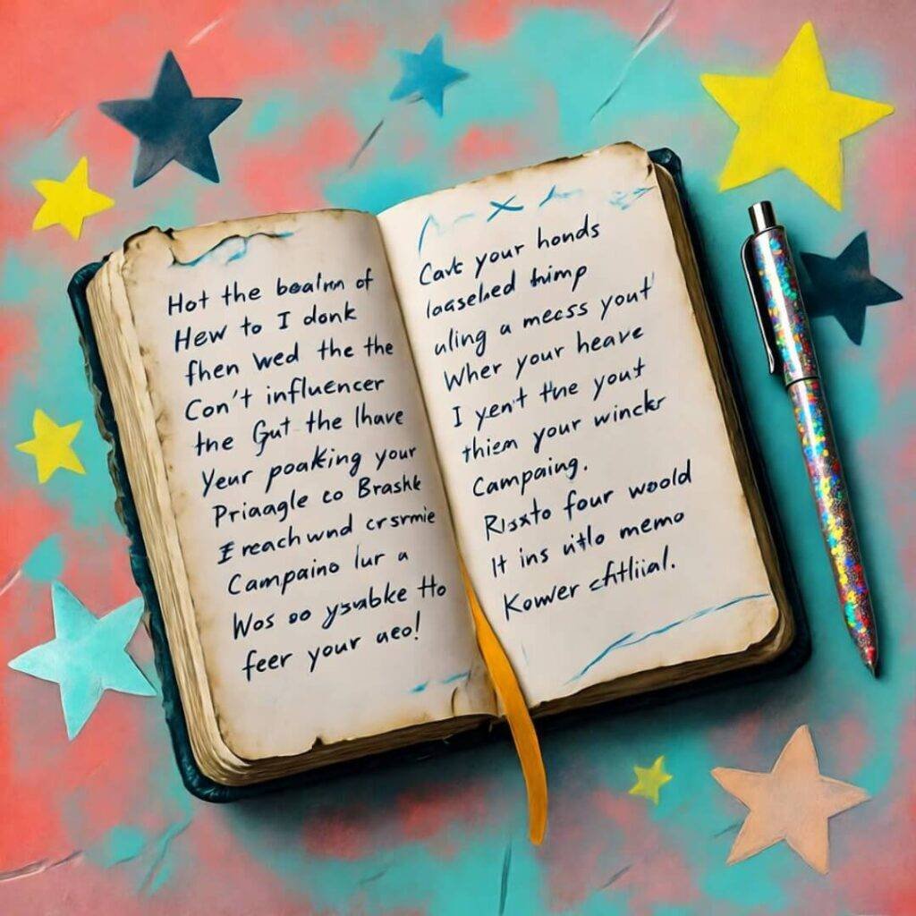 Beat-up notebook with campaign ideas, glitter pen, star stickers.