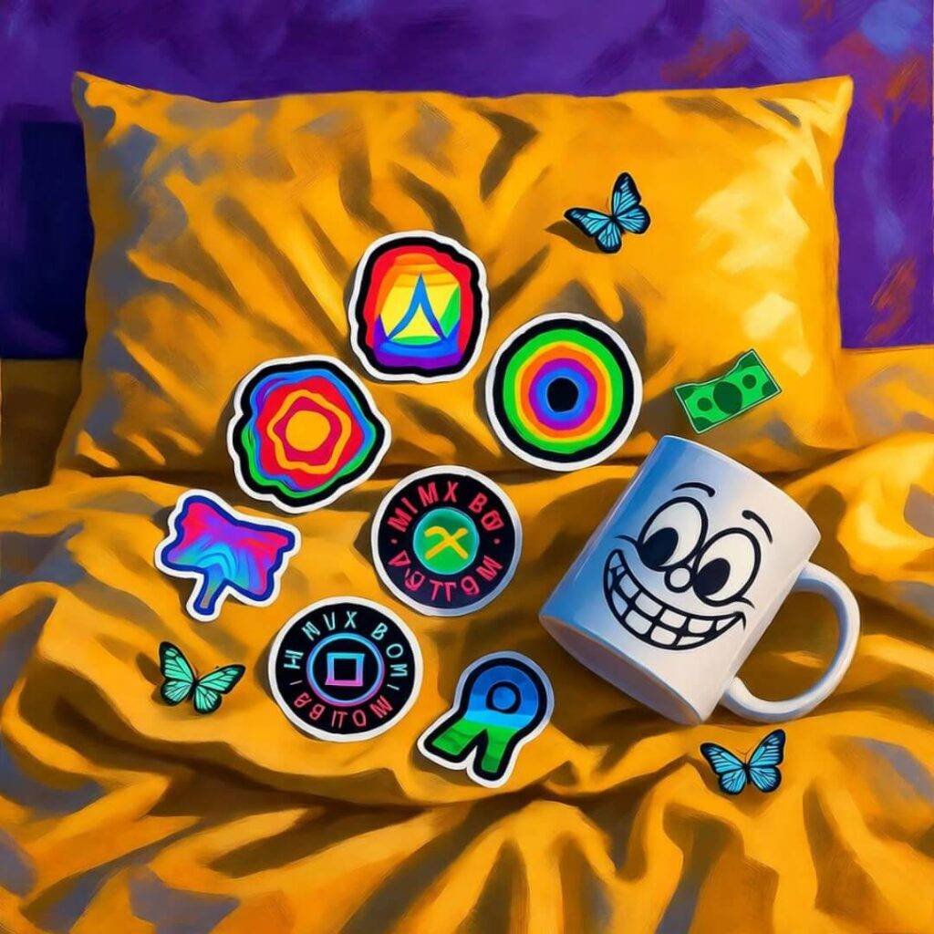 Overhead flat lay of scattered merch stickers and goofy mug on rumpled yellow bedsheet, dollar-bill butterflies fluttering.