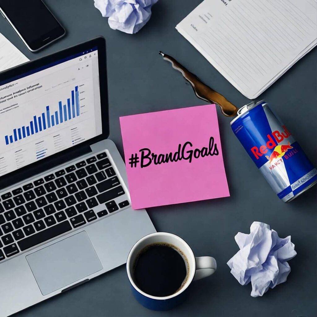 Flat lay of a desk with a laptop, Red Bull, coffee, and a "#BrandGoals" note.