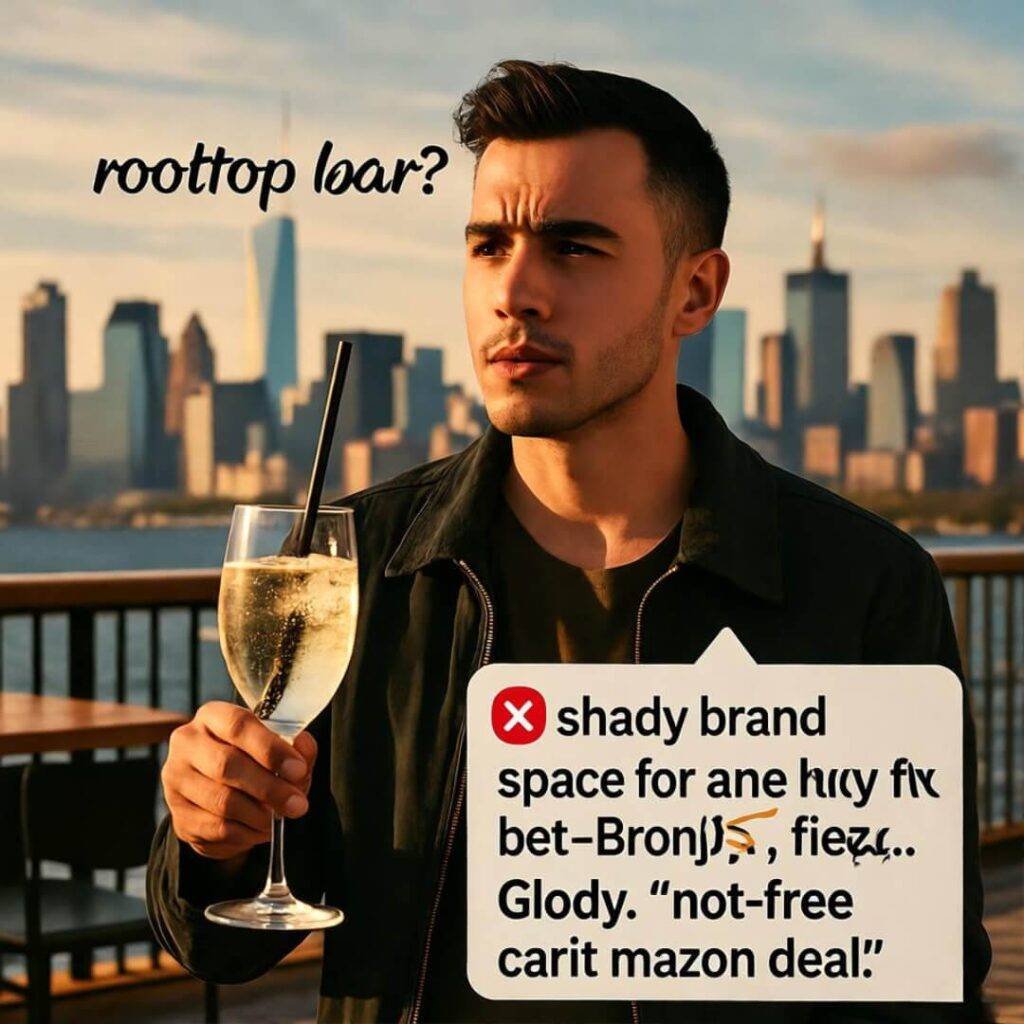 Person at Bronx rooftop bar with spritz, skyline, phone DM, #NotFree bubble.
