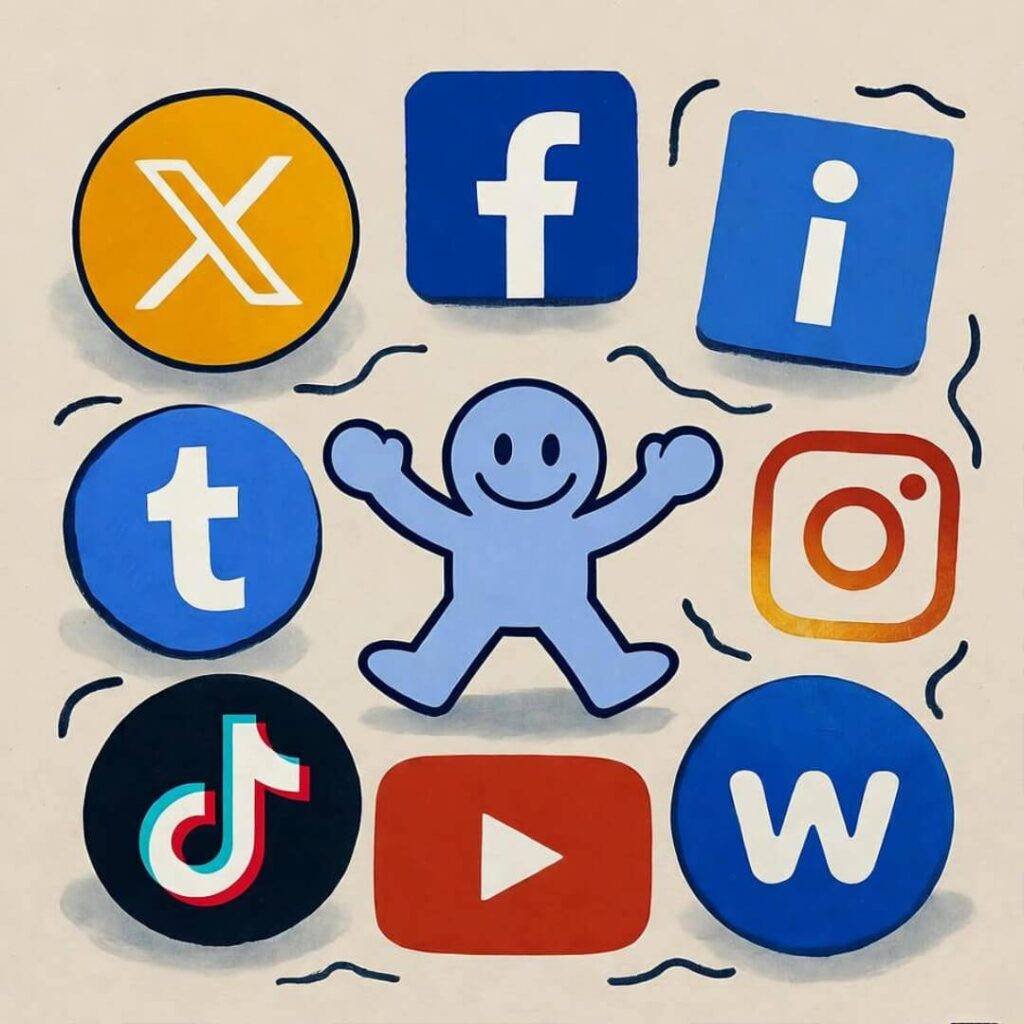 Dancing icons of best influencer marketing platforms, sketched from my rainy window perch.