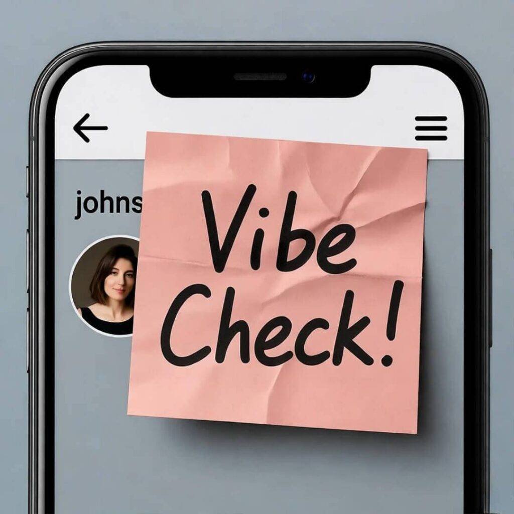 Phone with influencer Instagram, crumpled "Vibe Check!" Post-it, tilted angle.