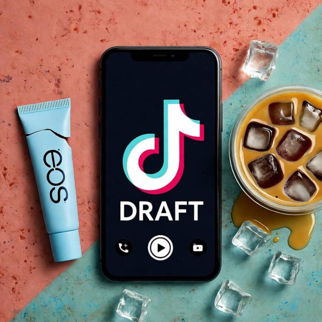 Sloppy phone with TikTok draft, cracked lip balm, spilled iced coffee, coral and teal.