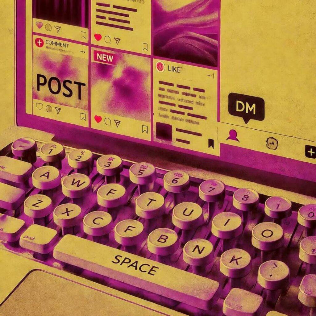 Messy laptop with X posts, DM, vintage typewriter keys, mustard yellow, pink.