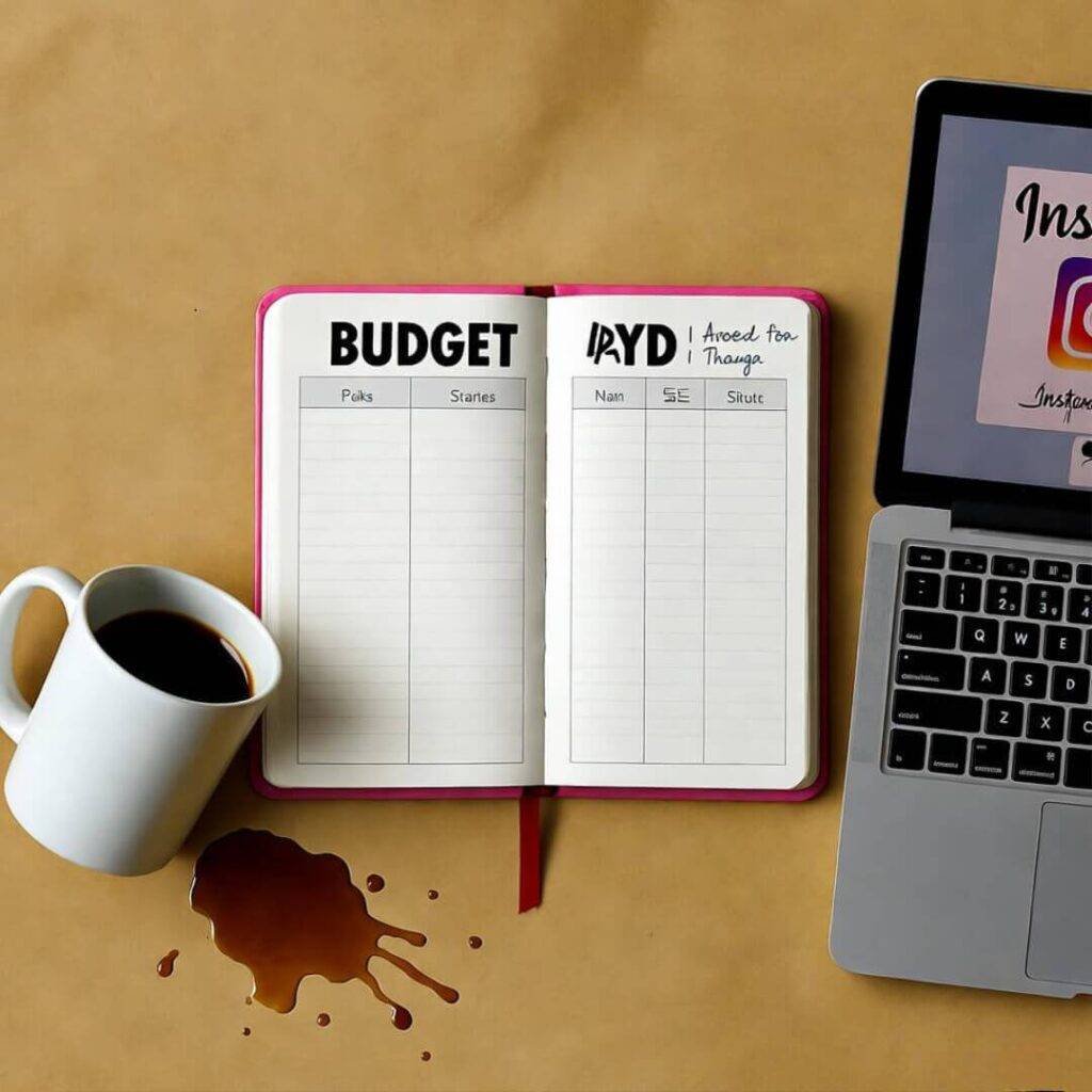 Flat-lay of budget planner, spilled coffee, laptop with Insta, mustard and pink tones.
