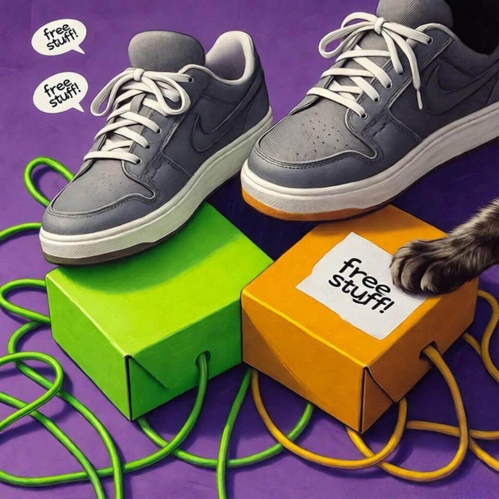 Sneakers nudge colorful tech boxes under table, cat paw swipes sticker with mischief.