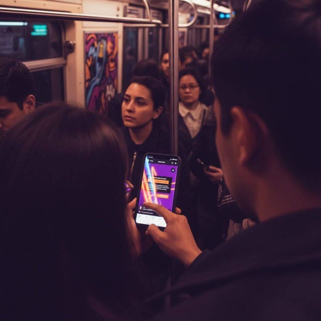 "Person on NYC subway scrolling influencer story, neon reflections, purple and tangerine."