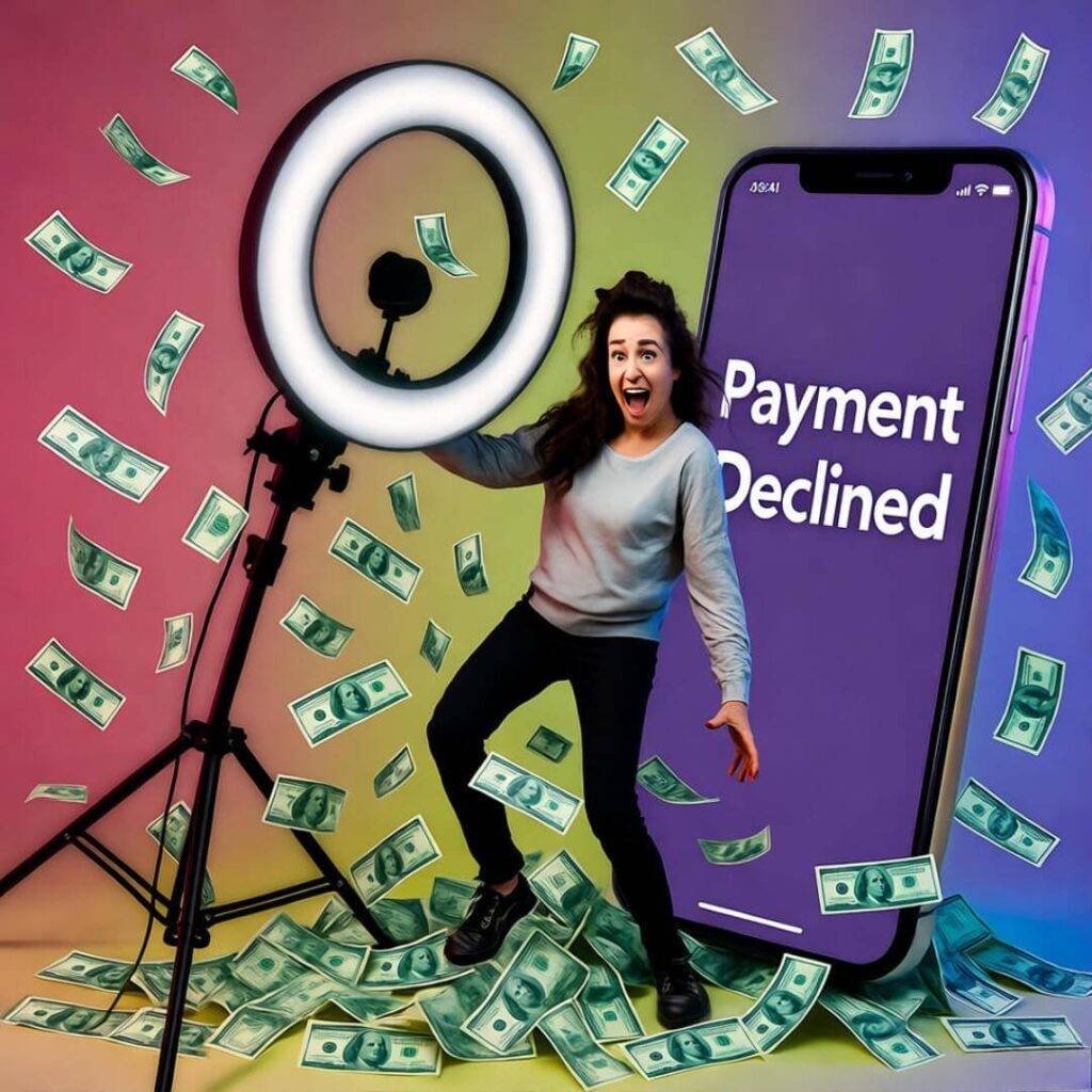 Chaotic photoshoot with trip, flying cash, phone showing "Payment Declined."