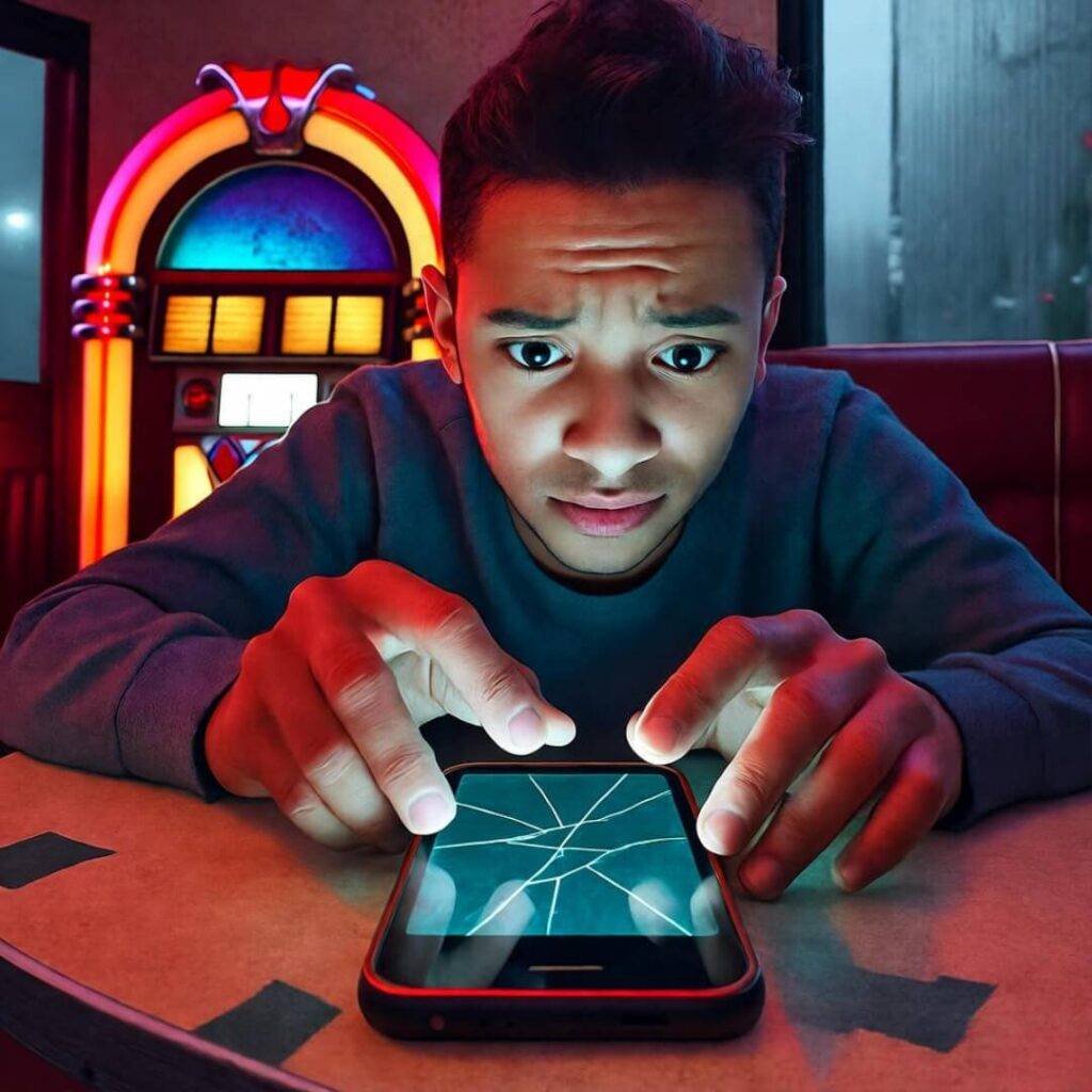 Nervous person typing on cracked phone at diner, neon jukebox glowing.