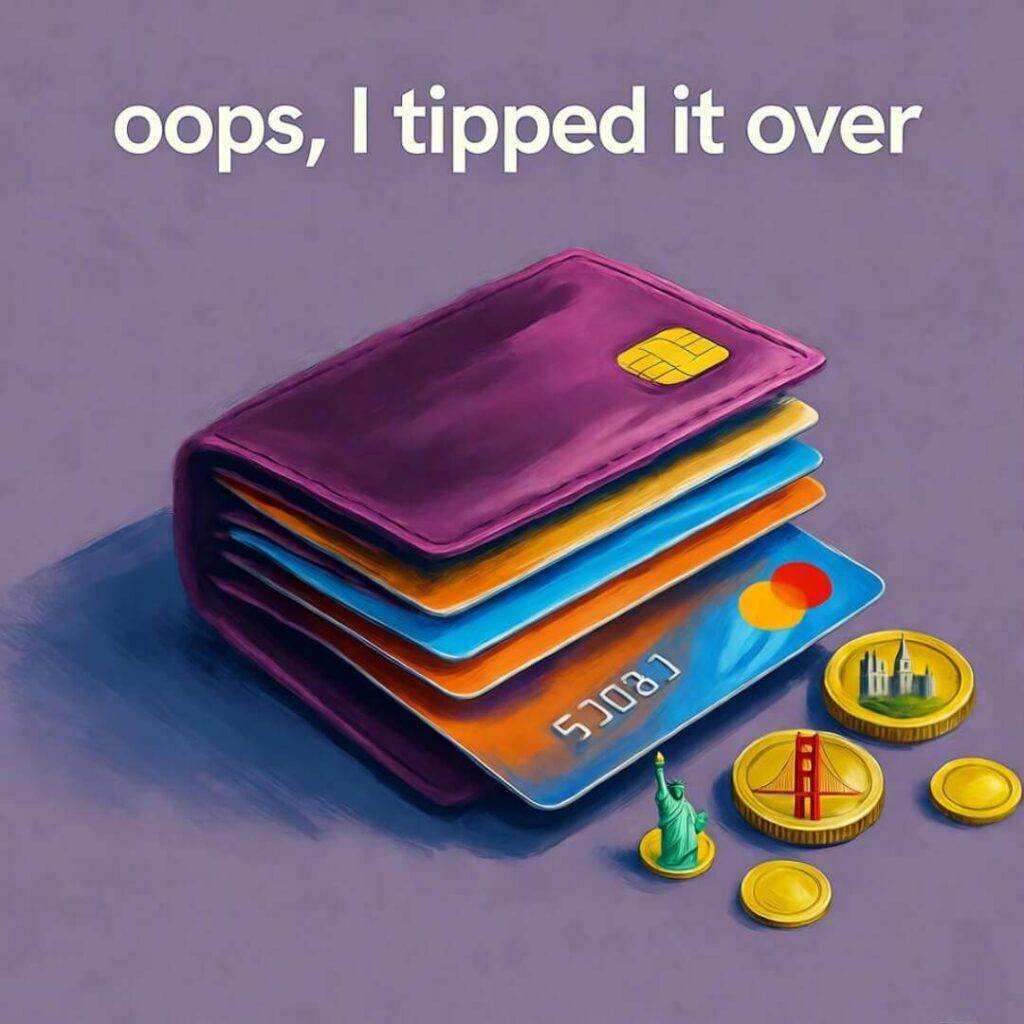 Overflowing wallet spills cards and US landmark coins, purple and yellow glow.