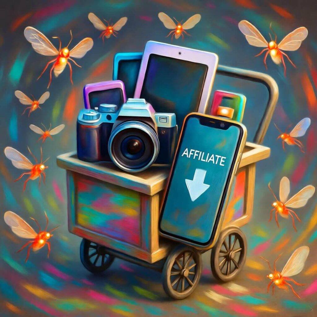 Dreamy vendor cart with gadgets, phone affiliate, fireflies, tangerine turquoise pink hues.