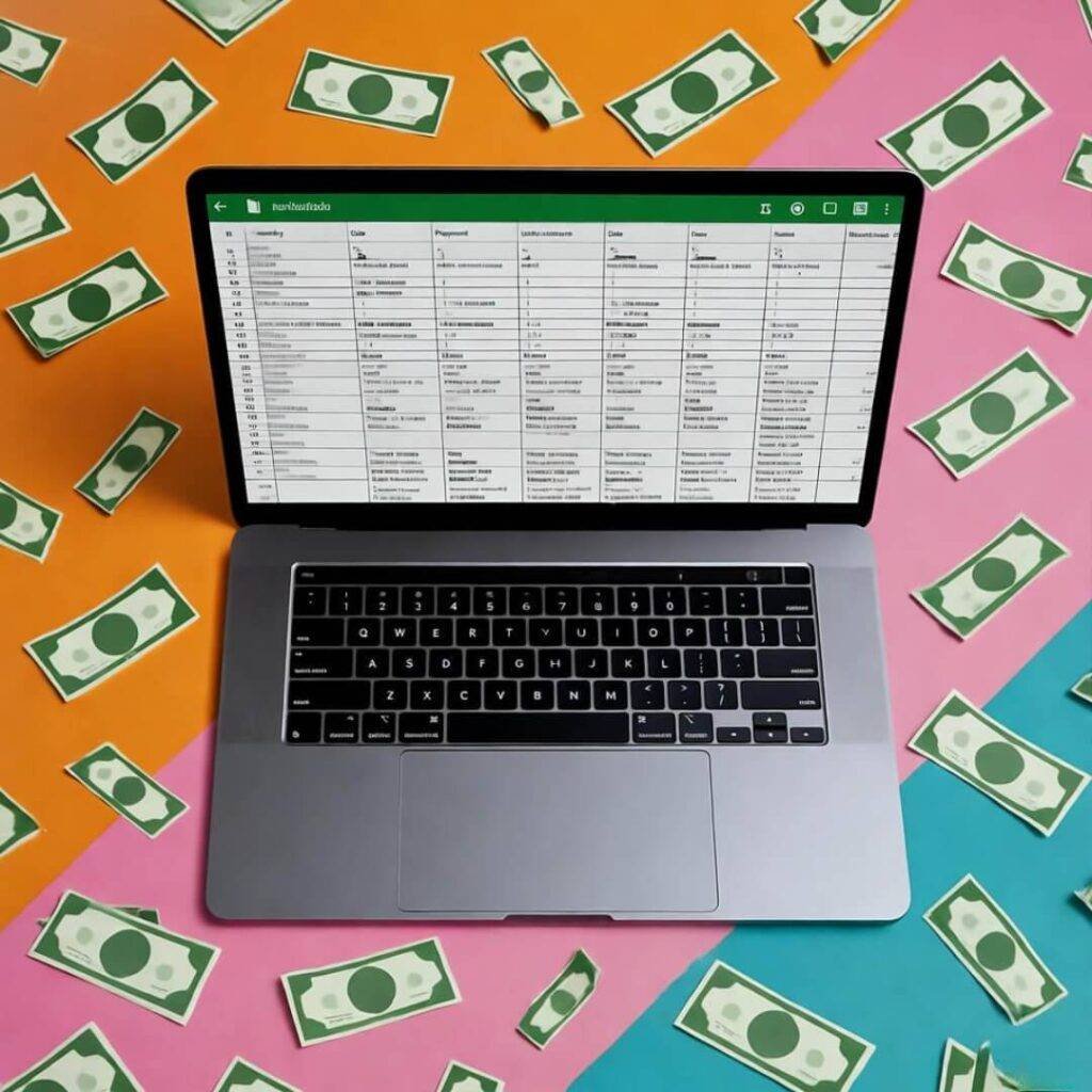 Top-down laptop with janky Google Sheet, dollar confetti, vibrant retro colors.