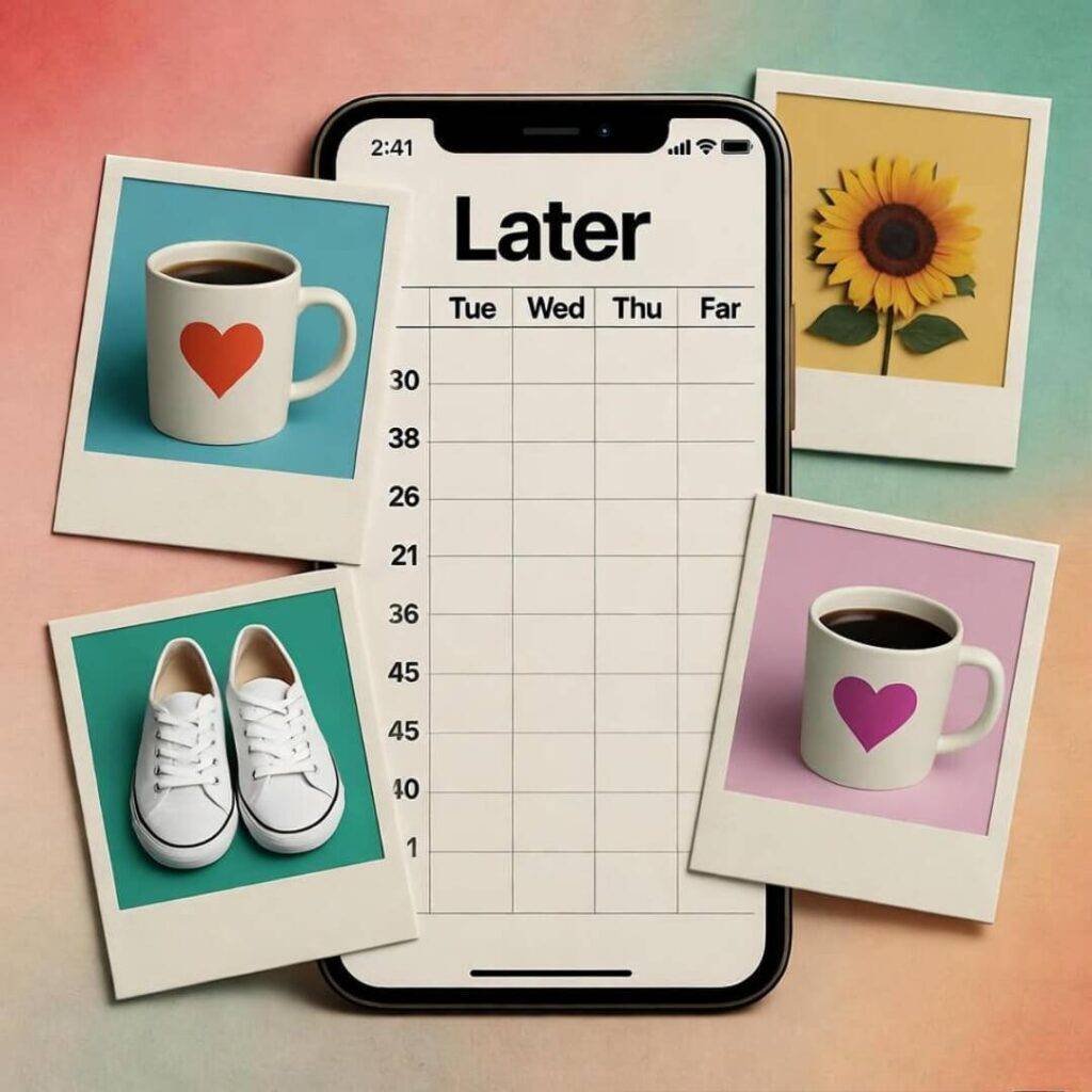 Retro phone with Later grid, surrounded by Polaroids of coffee mugs and sneakers.