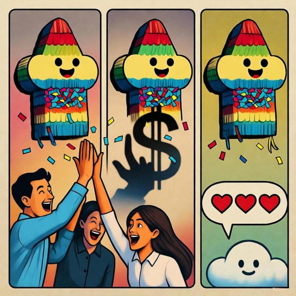 SaaS piñata bursts with stats, team high-fives, dollar shadow, hearts in comic style.