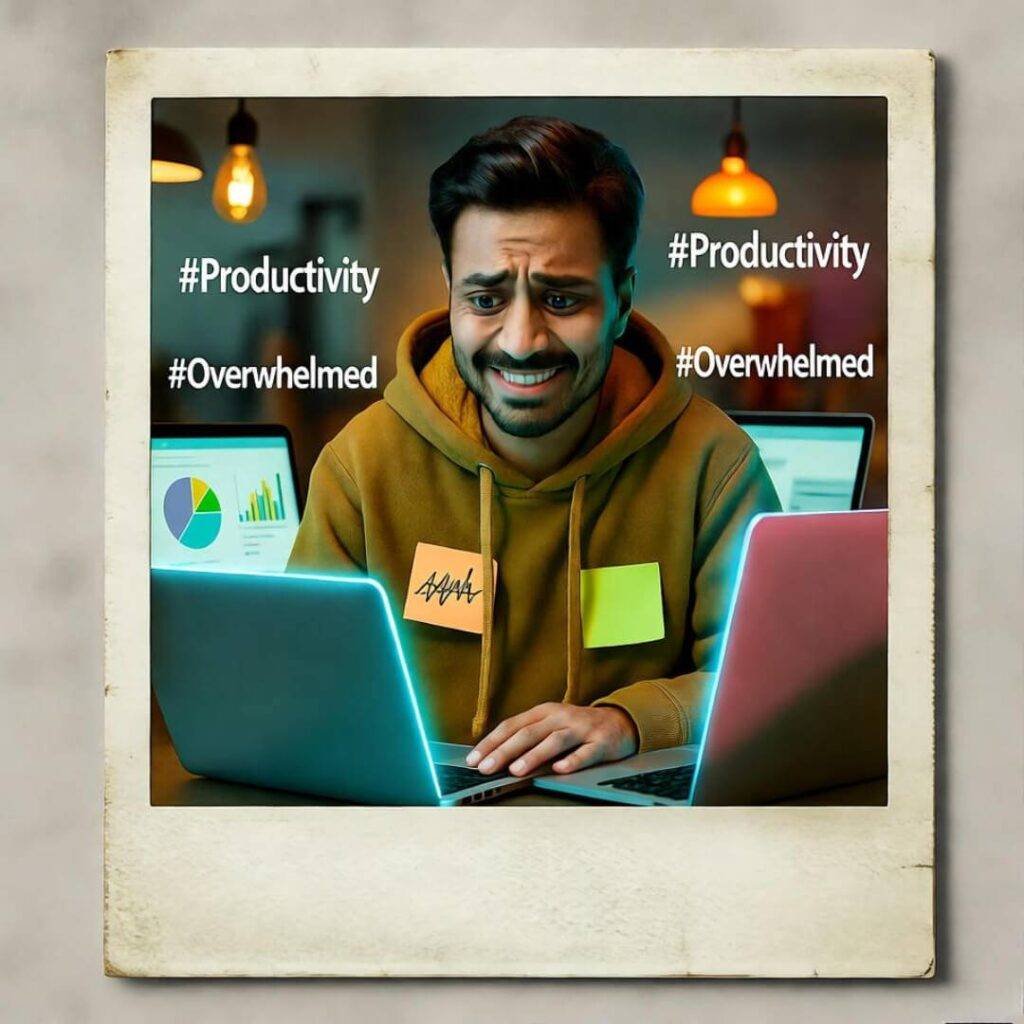 Frazzled person in coffee shop, laptops open, Post-its on hoodie, floating hashtags.