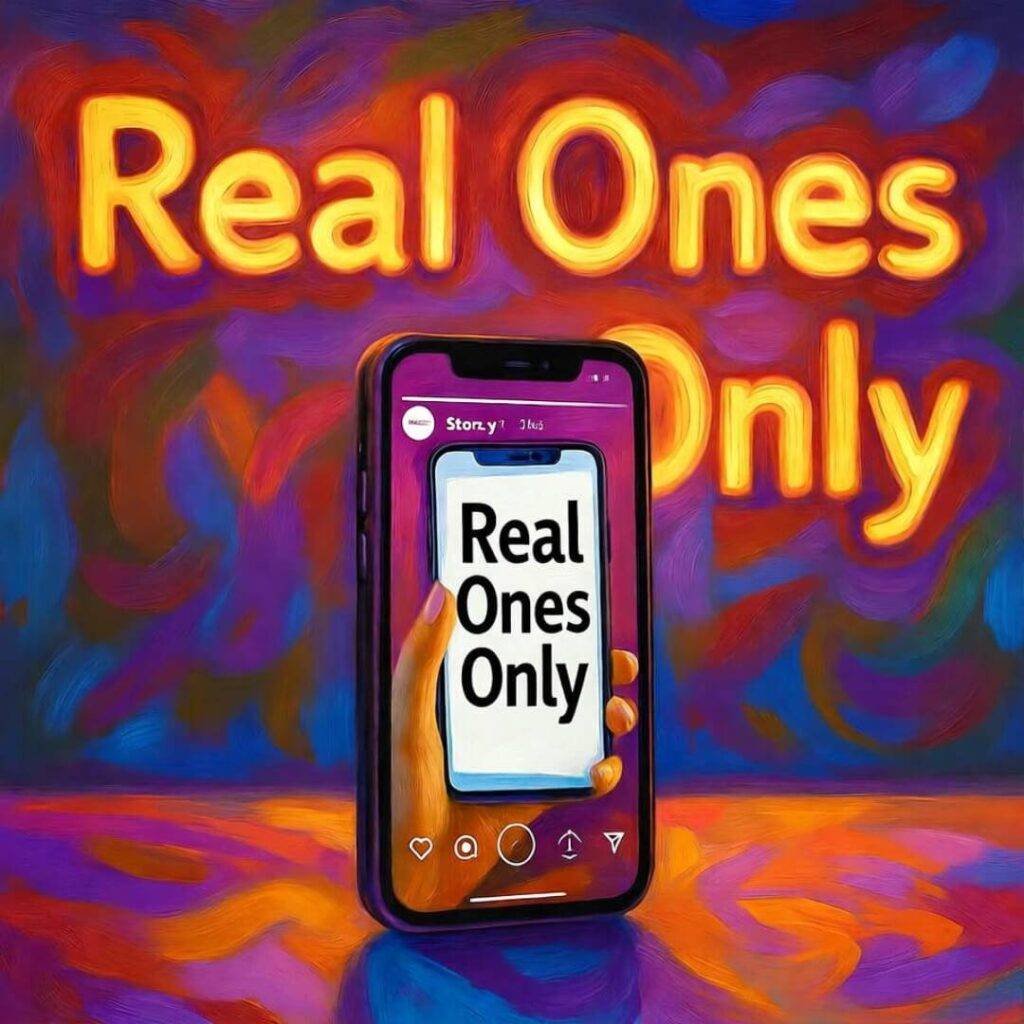 Phone showing influencer Story, neon "Real Ones Only" sign, impressionistic vibe.
