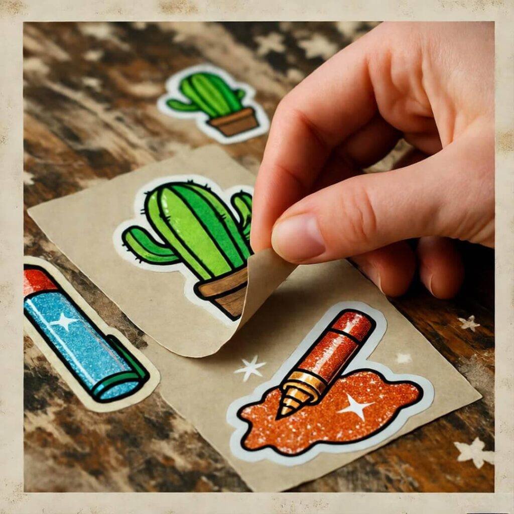 Vintage table with sticker sheet, hand peeling quote, cactus, spilled glitter pen.