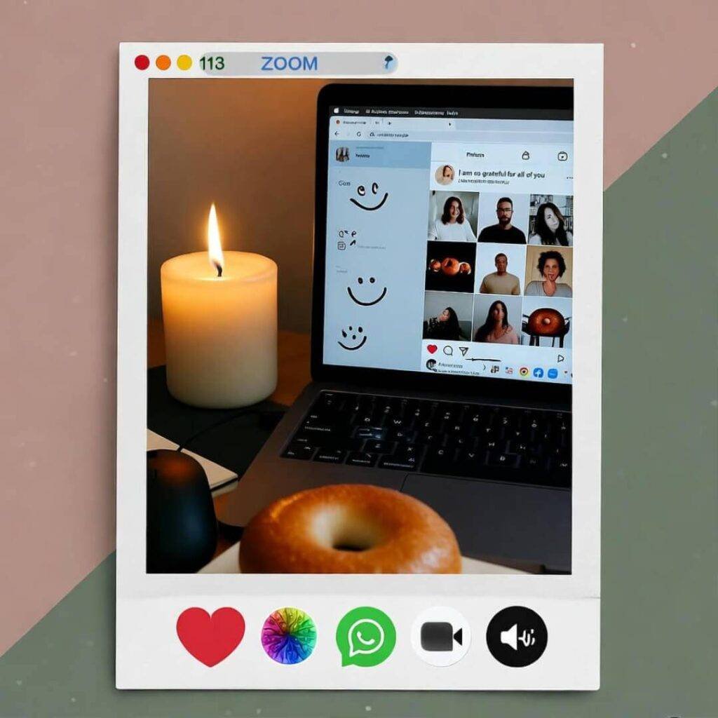 Zoom call screenshot with candle, half-eaten bagel, influencer Insta, smiley doodles.