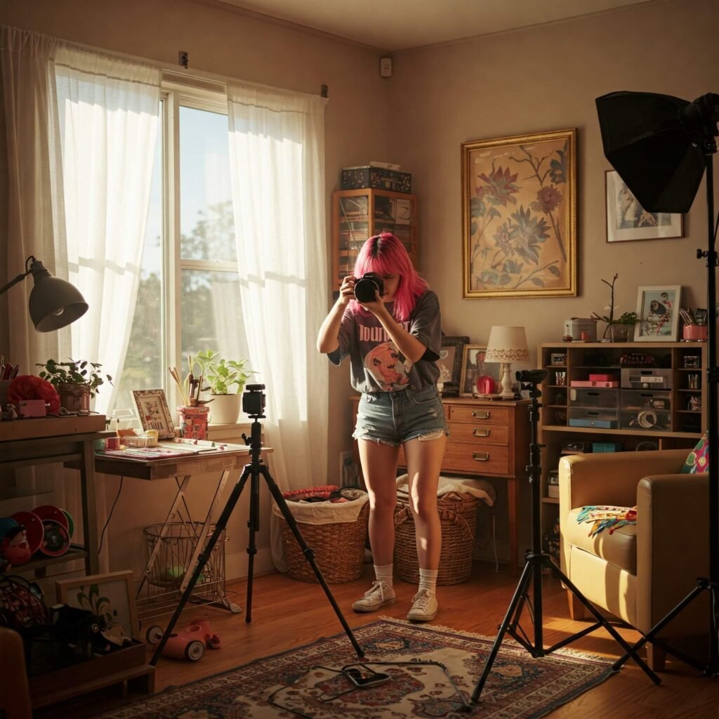Young creator filming content in cozy home studio.