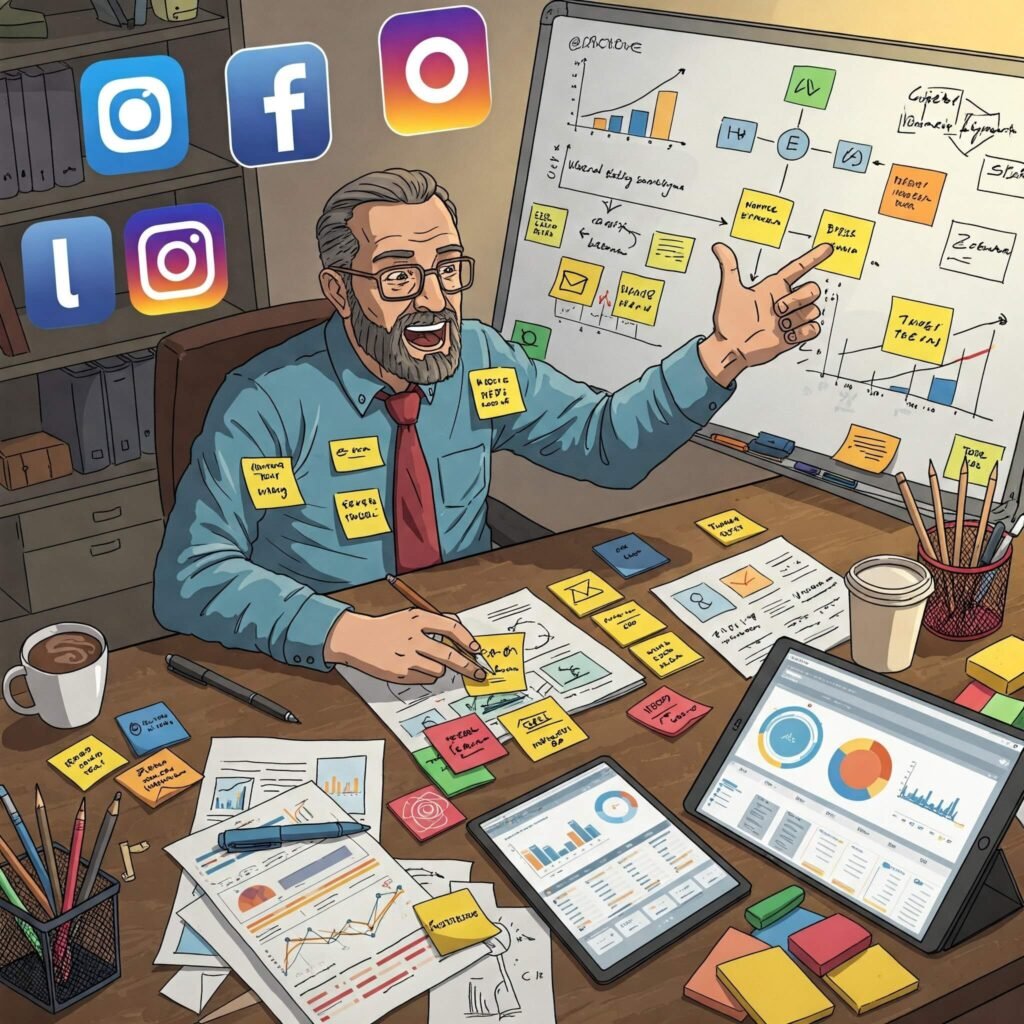 Consultant brainstorming surrounded by social media logos
