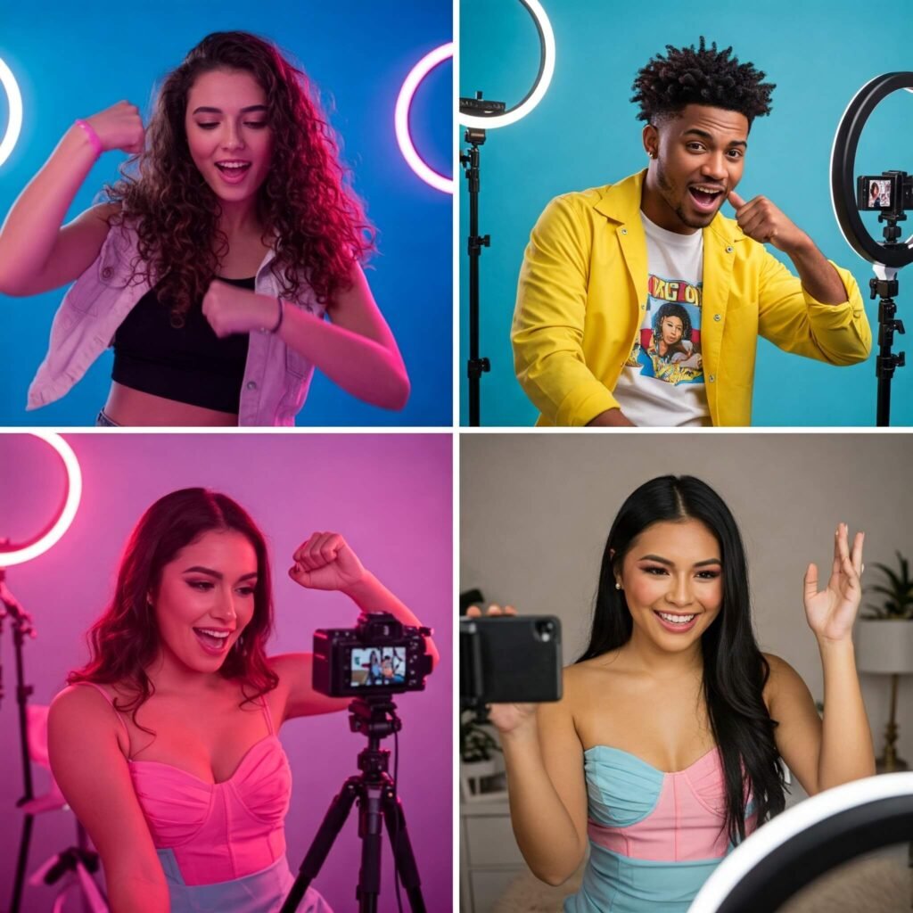 Collage of influencers creating content: TikTok dance, Instagram photo, YouTube vlog, with ring lights and cameras.