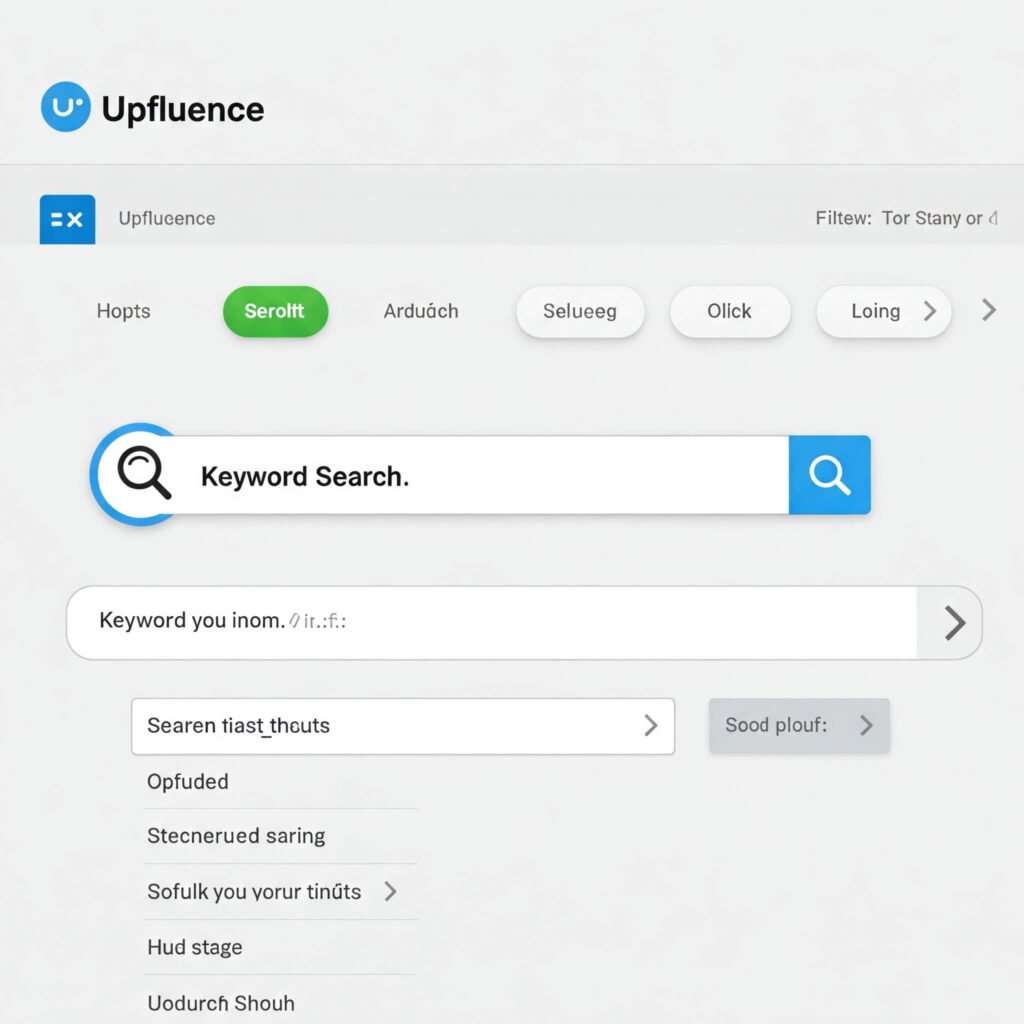 Upfluence search screen displaying keyword and filter selections, highlighted with annotations.