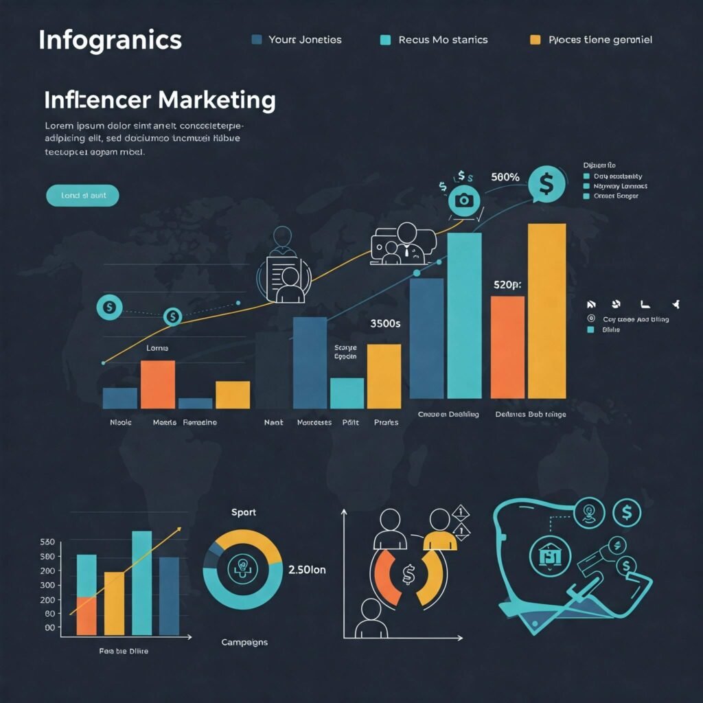 Influencer marketing statistics infographic with bar charts, icons showing influencers, campaigns, and dollar signs.