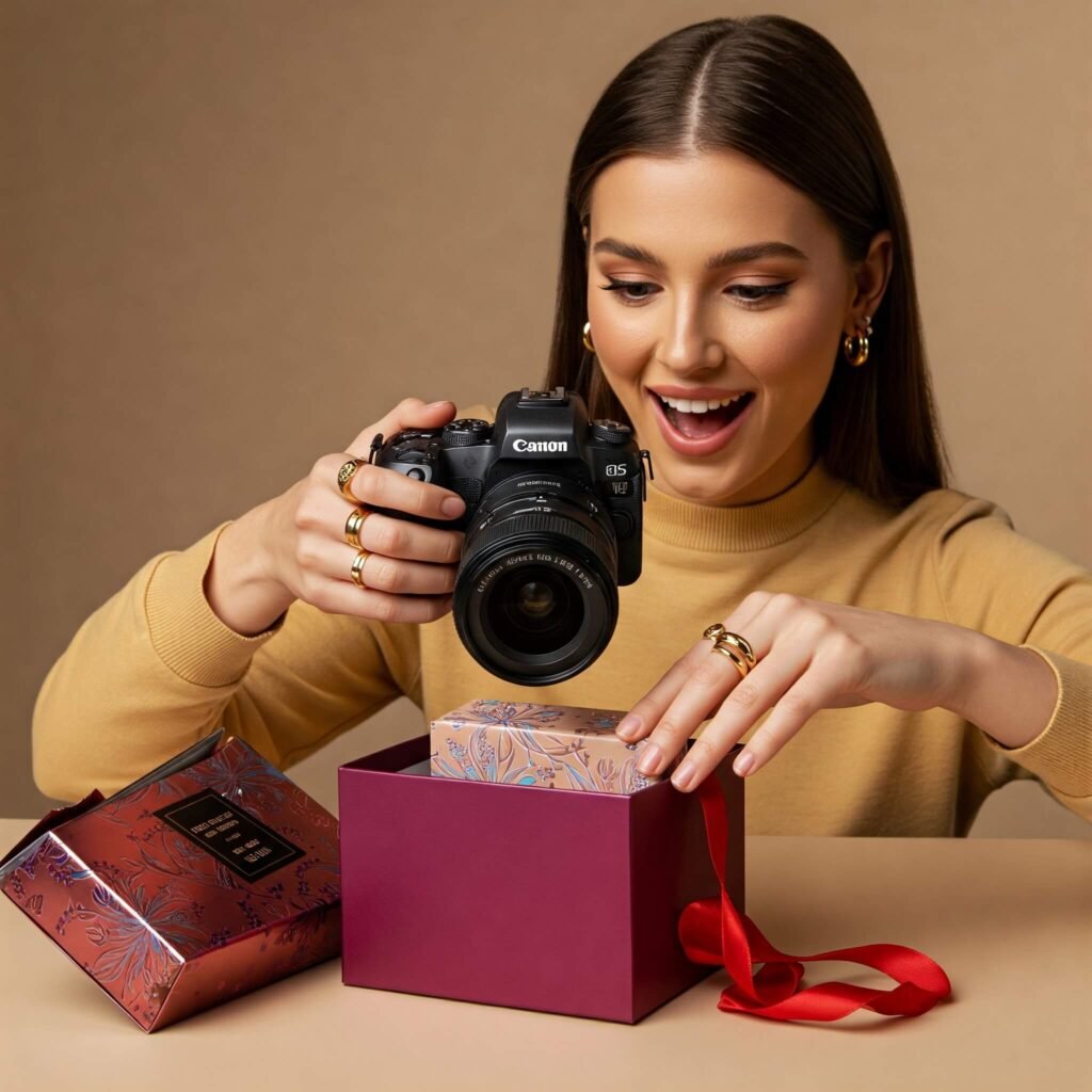 Influencer unboxing a sleek gift package, capturing the moment with a camera