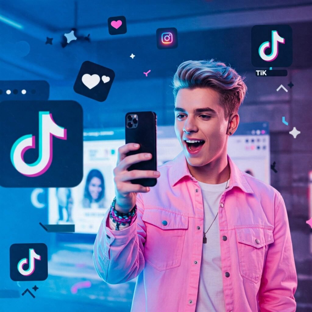 Vibrant image of an influencer filming with a phone, with Instagram and TikTok logos.