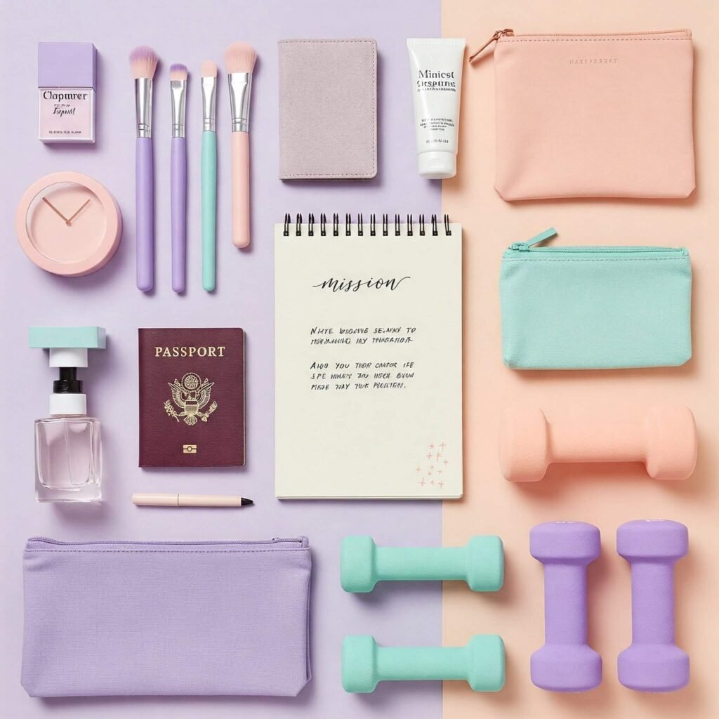 Pastel flat lay: makeup, travel, fitness.