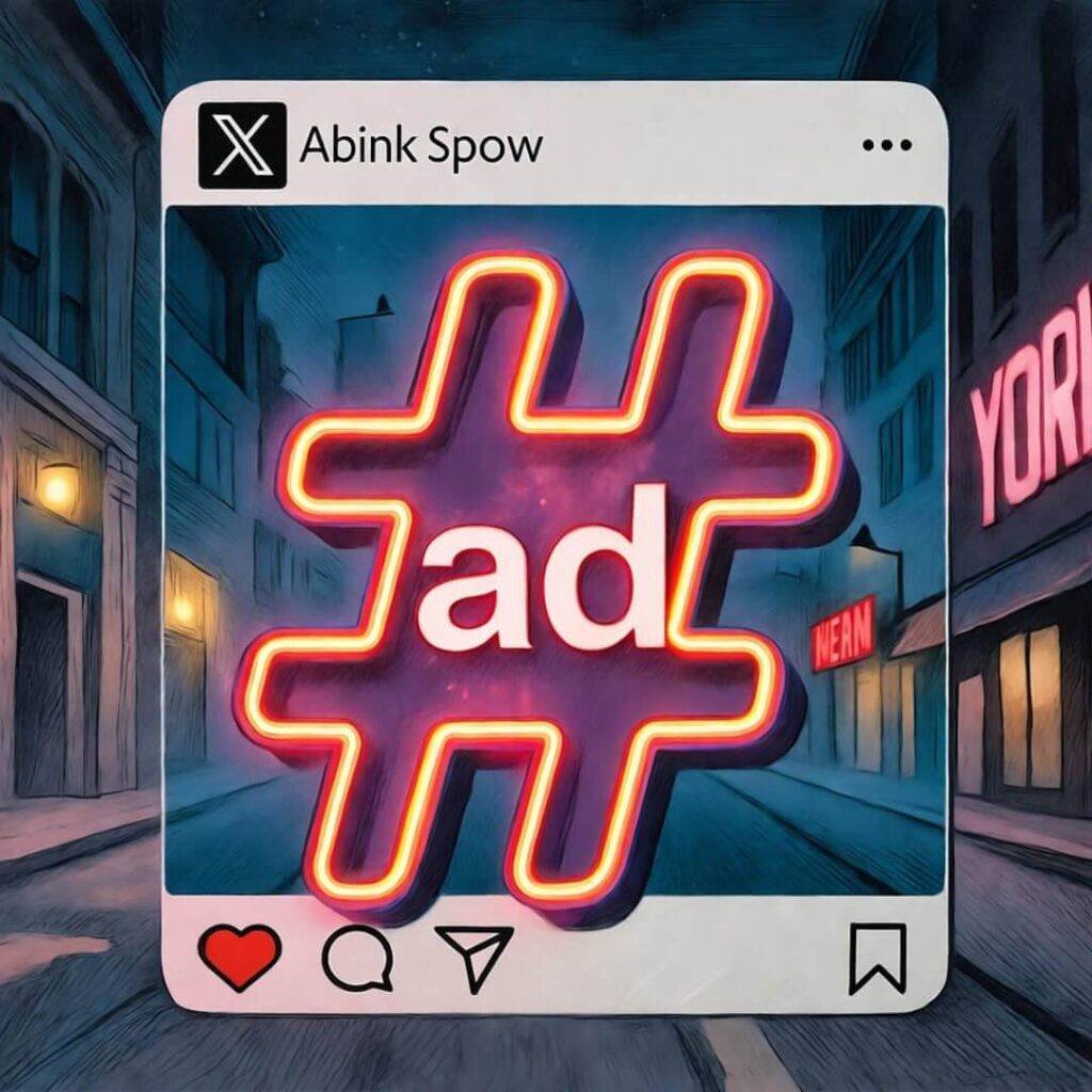 Neon-lit X post with giant #ad, angled under sketchy NYC streetlight.