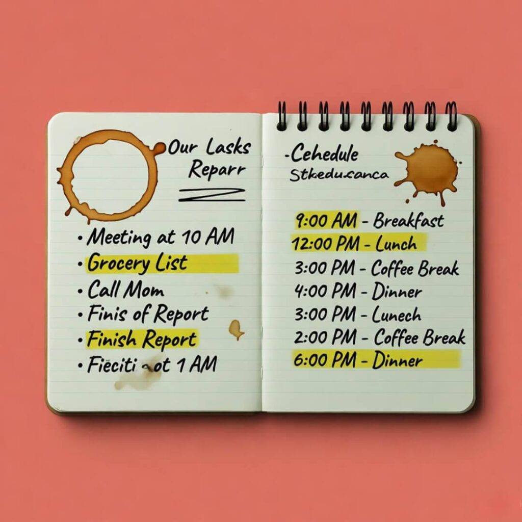 Top-down notebook with coffee stains, scribbly schedules, highlighter bleeding.