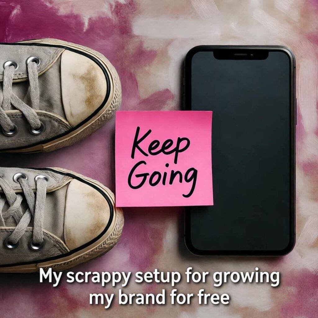 Scuffed Converse, phone with stats, neon pink "Keep Going" note, pink-yellow haze.