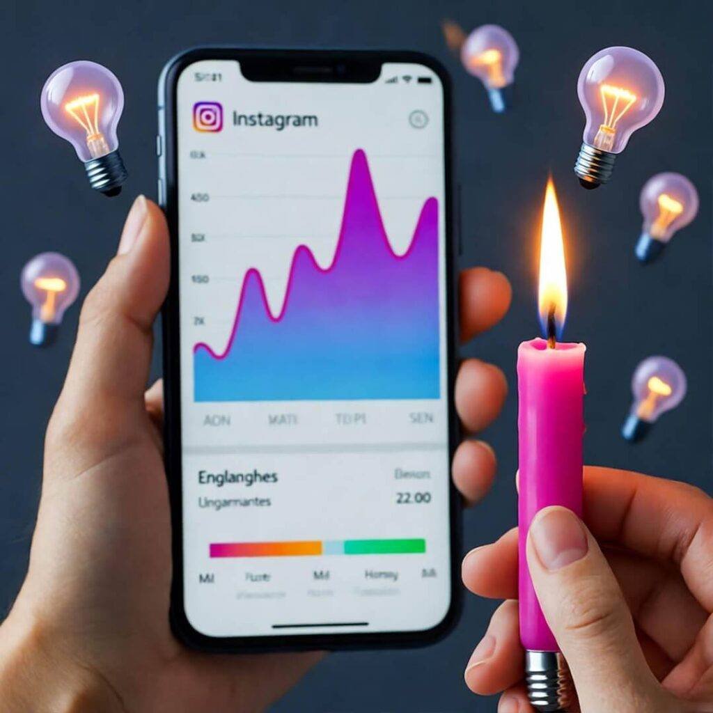 Blurry phone with Instagram graph, hand holding pink candle, lightbulbs floating.