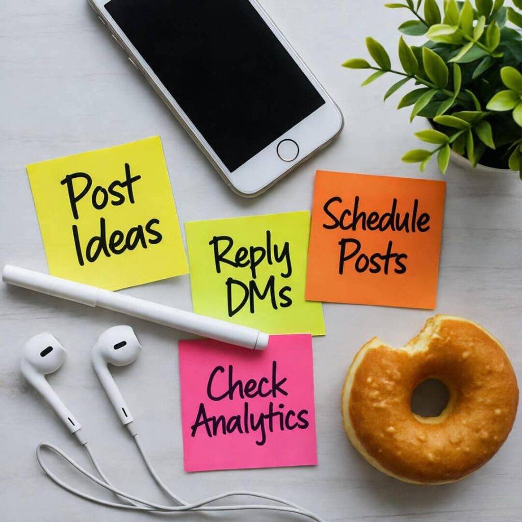 Quirky workspace with phone, neon Post-its, half-eaten donut, vibrant colors.