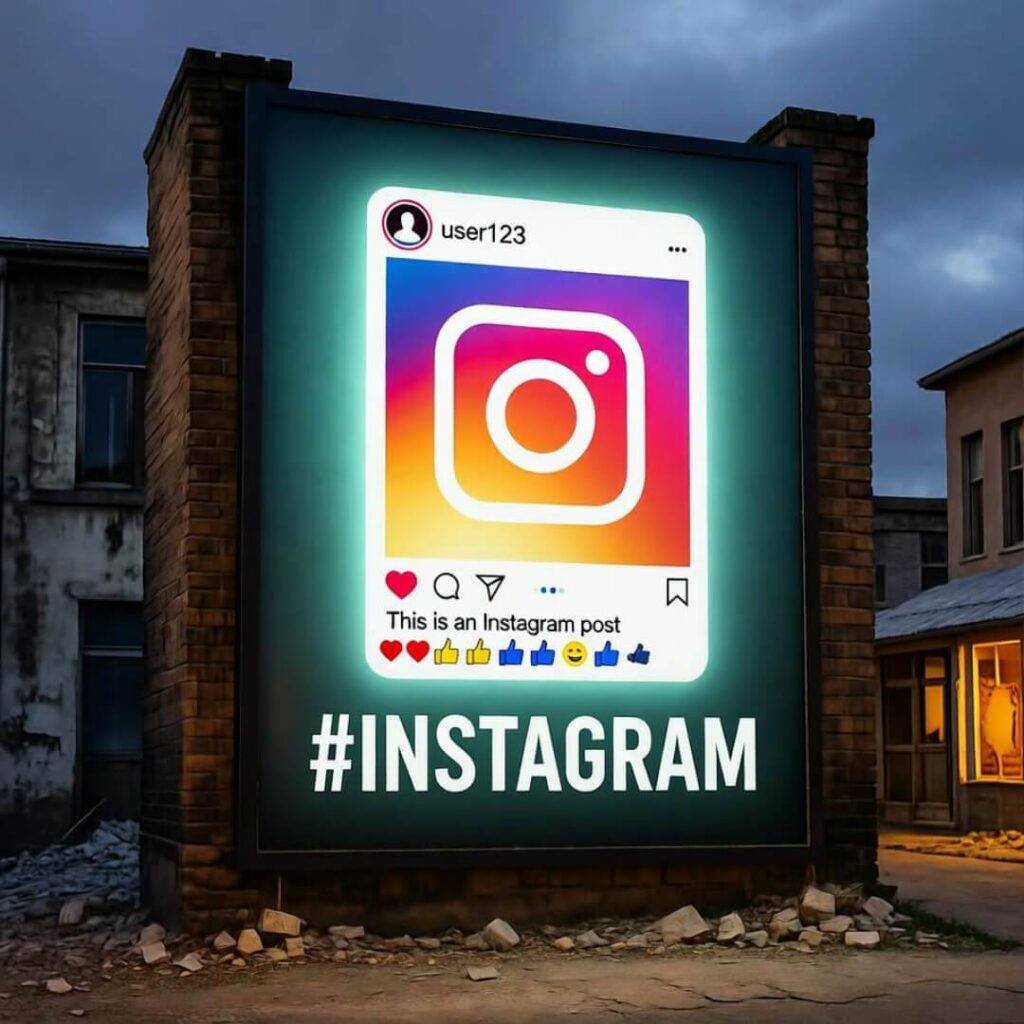 Gritty city billboard at dusk, glowing Instagram post, bold hashtag, vibrant tones.