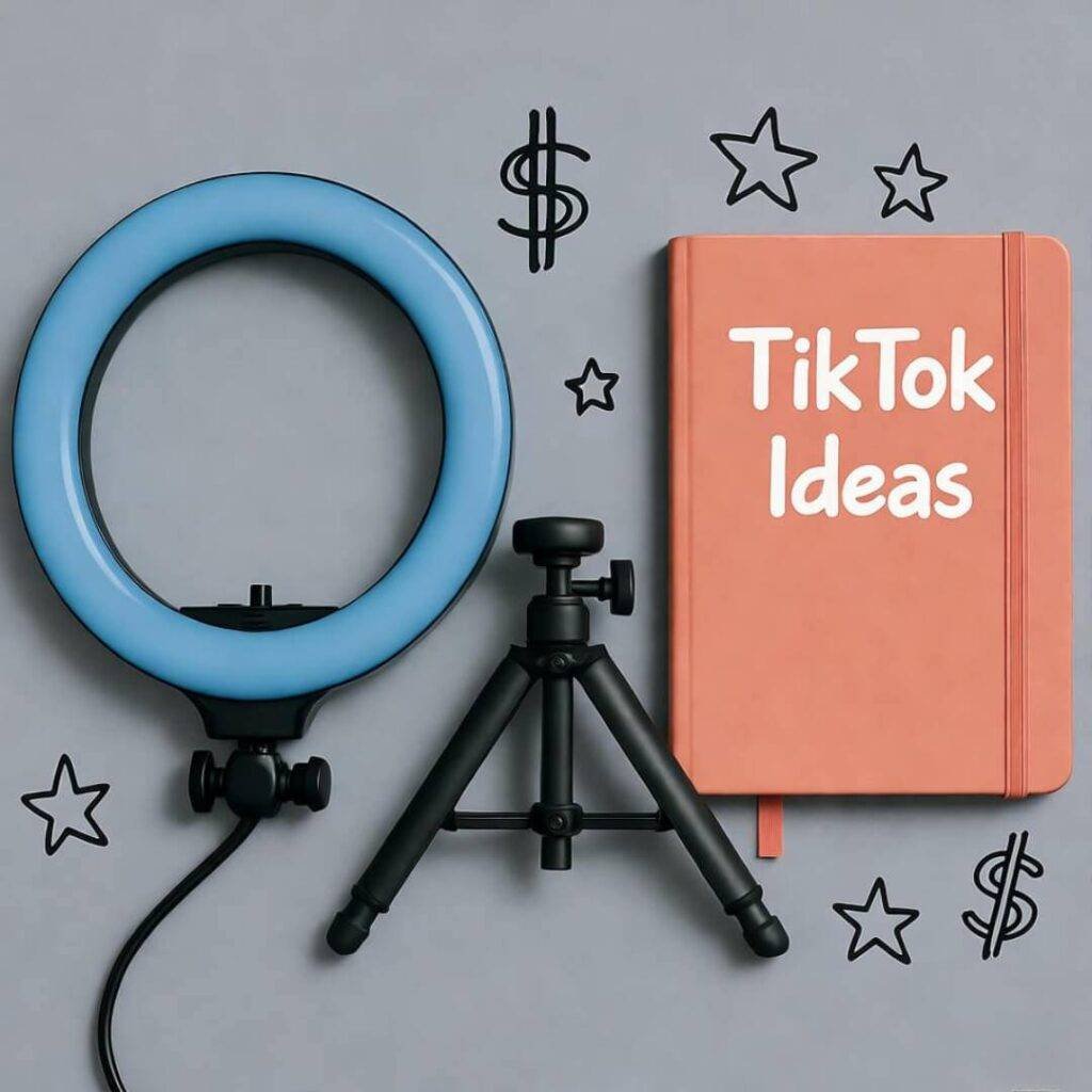 Flat-lay of ring light, tripod, "TikTok Ideas" notebook, stars, dollar signs.