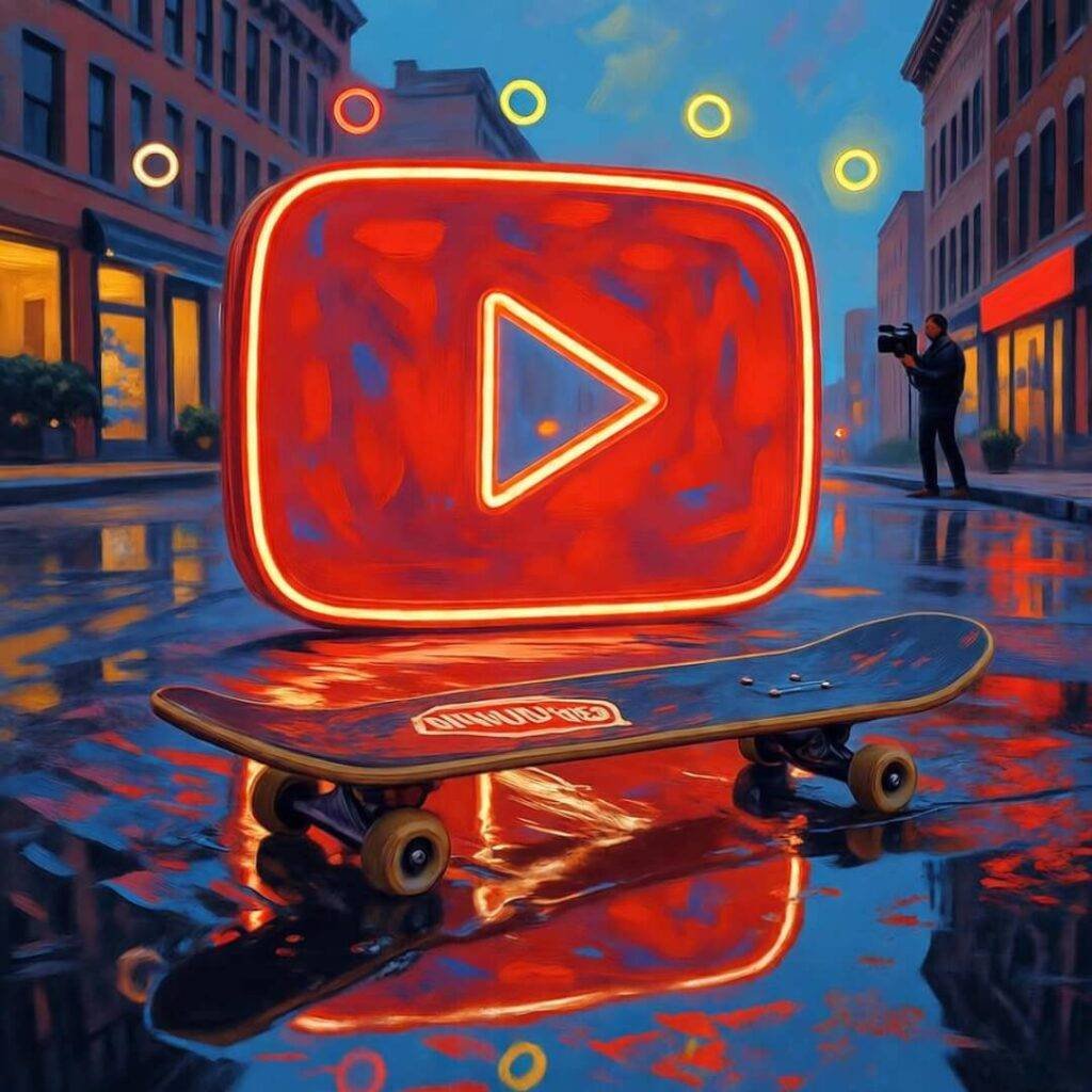 Brooklyn street at dusk, neon YouTube logo, skateboard, creator vlogging, ring lights.